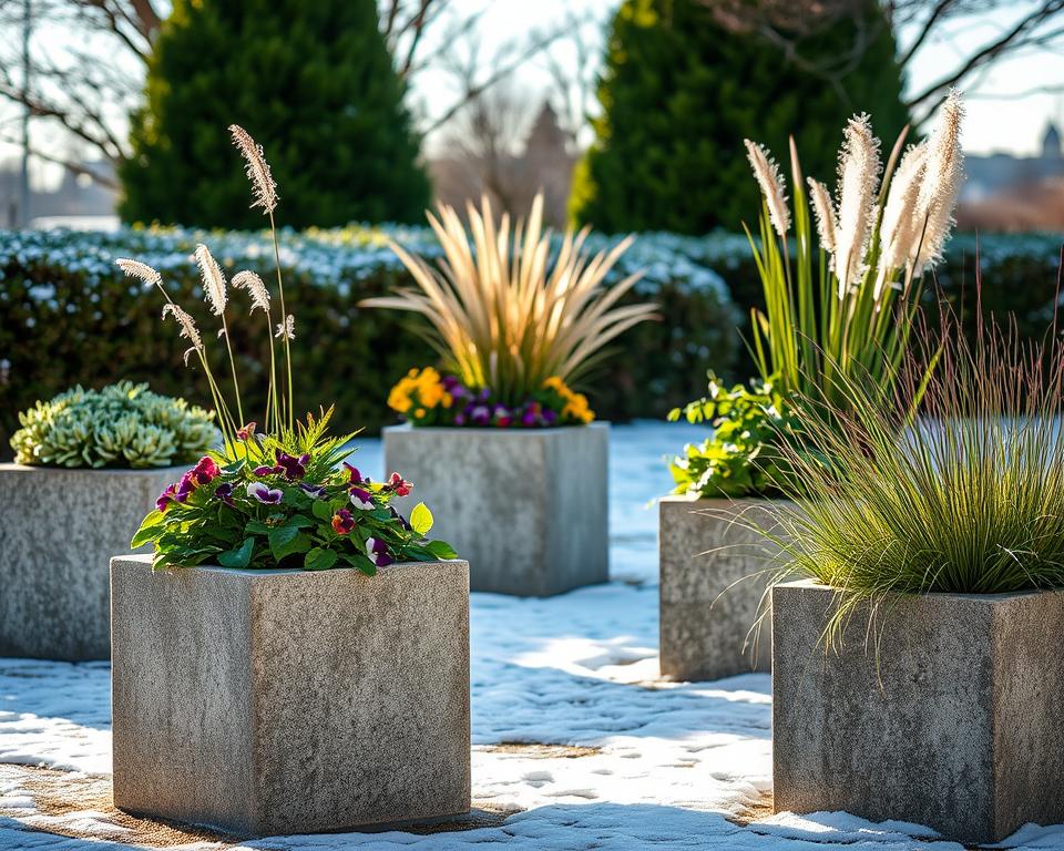 Concrete Planter Blocks with Winter-Hardy Plants