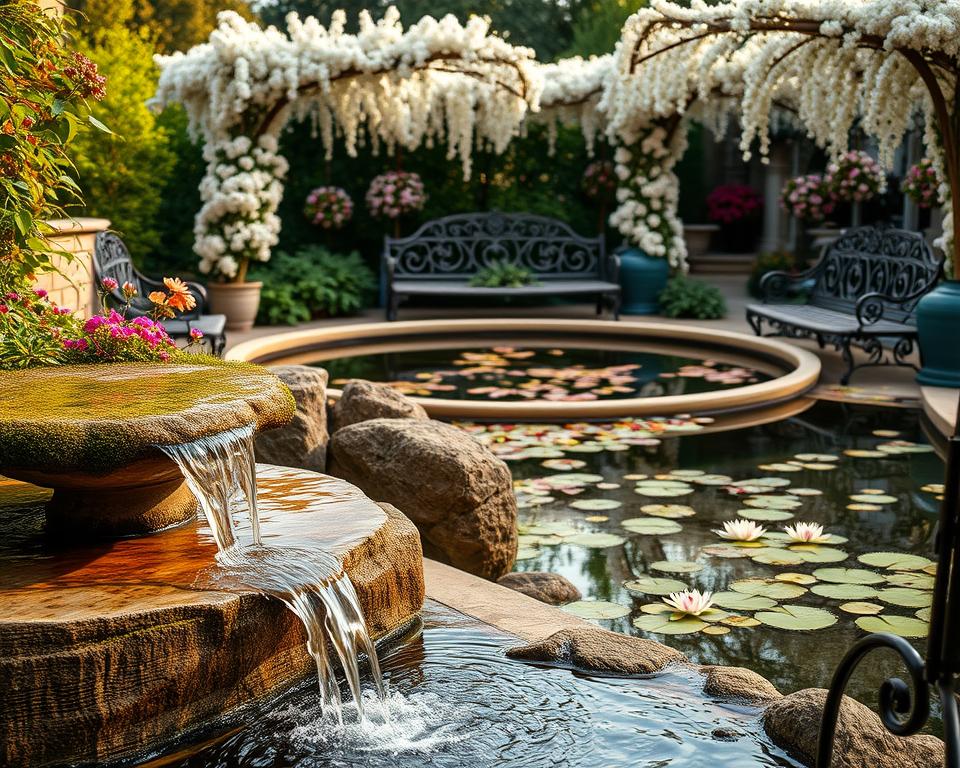 water features in romantic garden