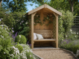 How to Site and Plant Around a Timber Garden Arbour Seat – Guide to Planning a planted seating arbour as a garden resting point