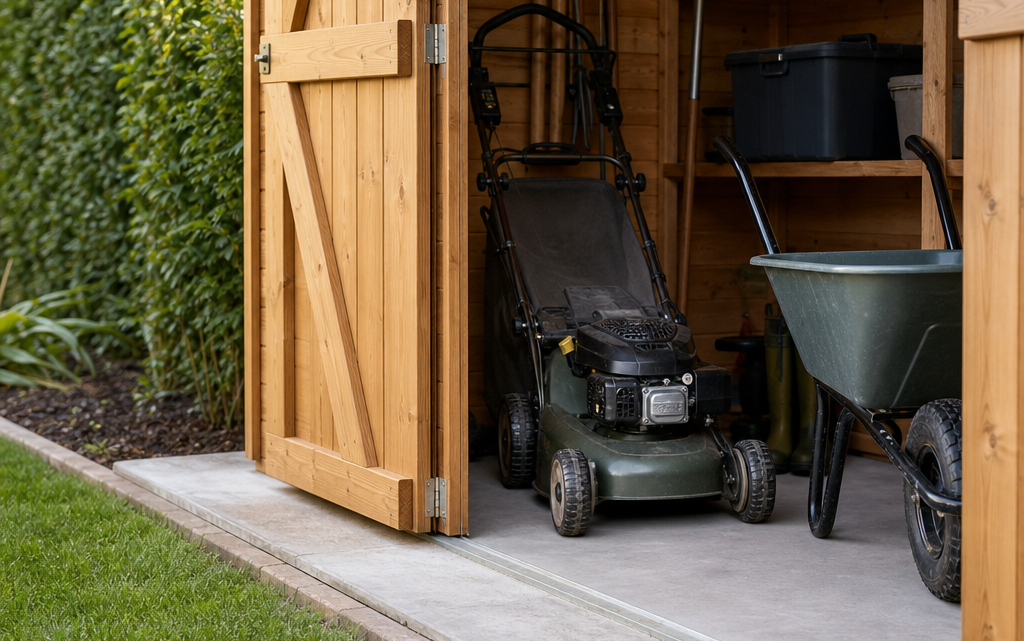Low-threshold shed access for mowers, barrows and wheeled tools