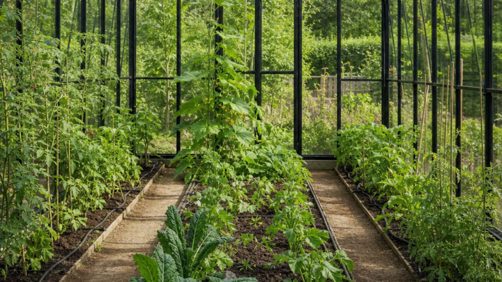 Soil beds and perimeter paths in floorless walk-in greenhouses