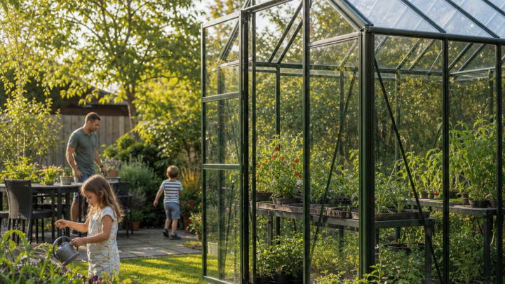 Toughened Glass Greenhouses in Busy Family Gardens