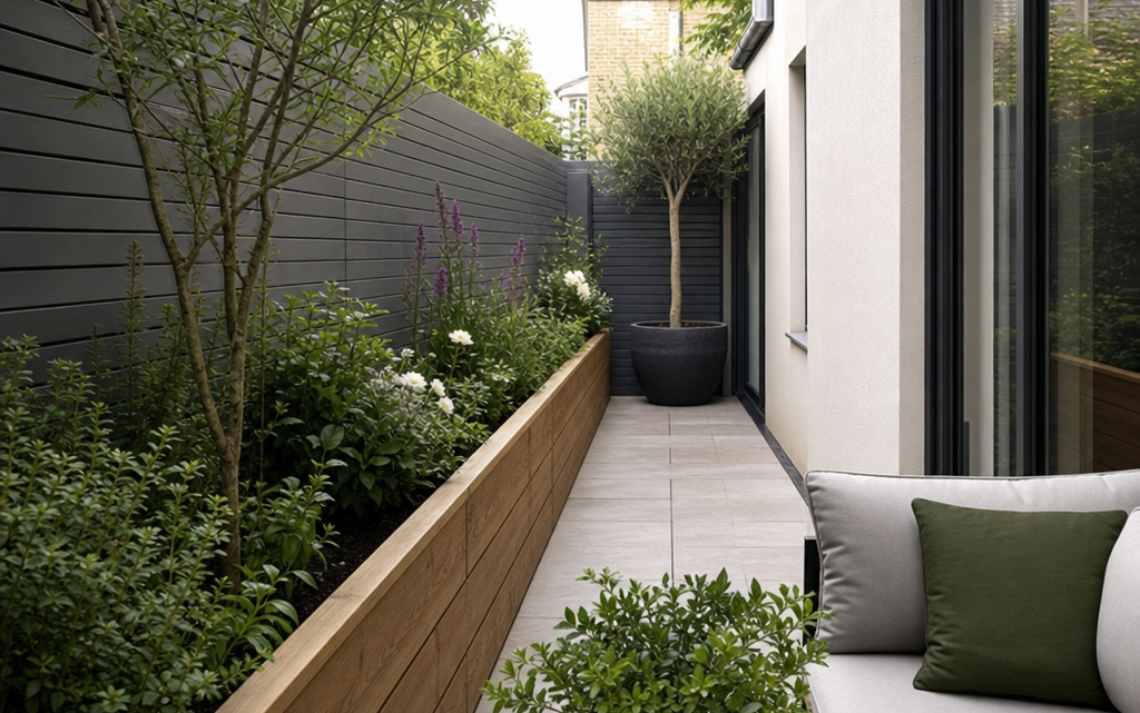 Using Long Timber Planters to Shape Narrow Outdoor Spaces