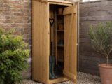 Wall-side siting for tall timber garden tool stores