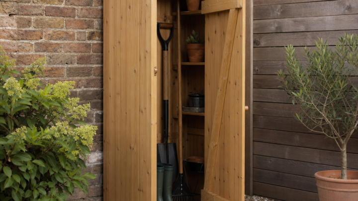 Wall-side siting for tall timber garden tool stores